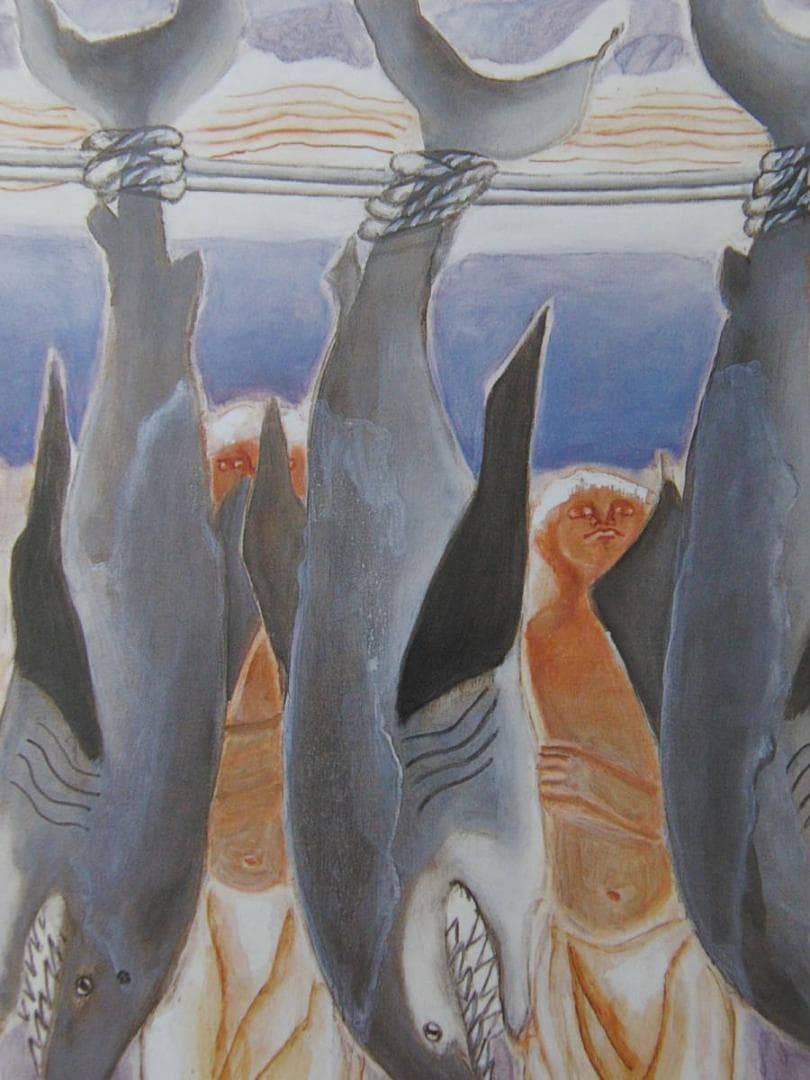 三吉雅、【魚と人】、希少な額装用画集より、新品額装付