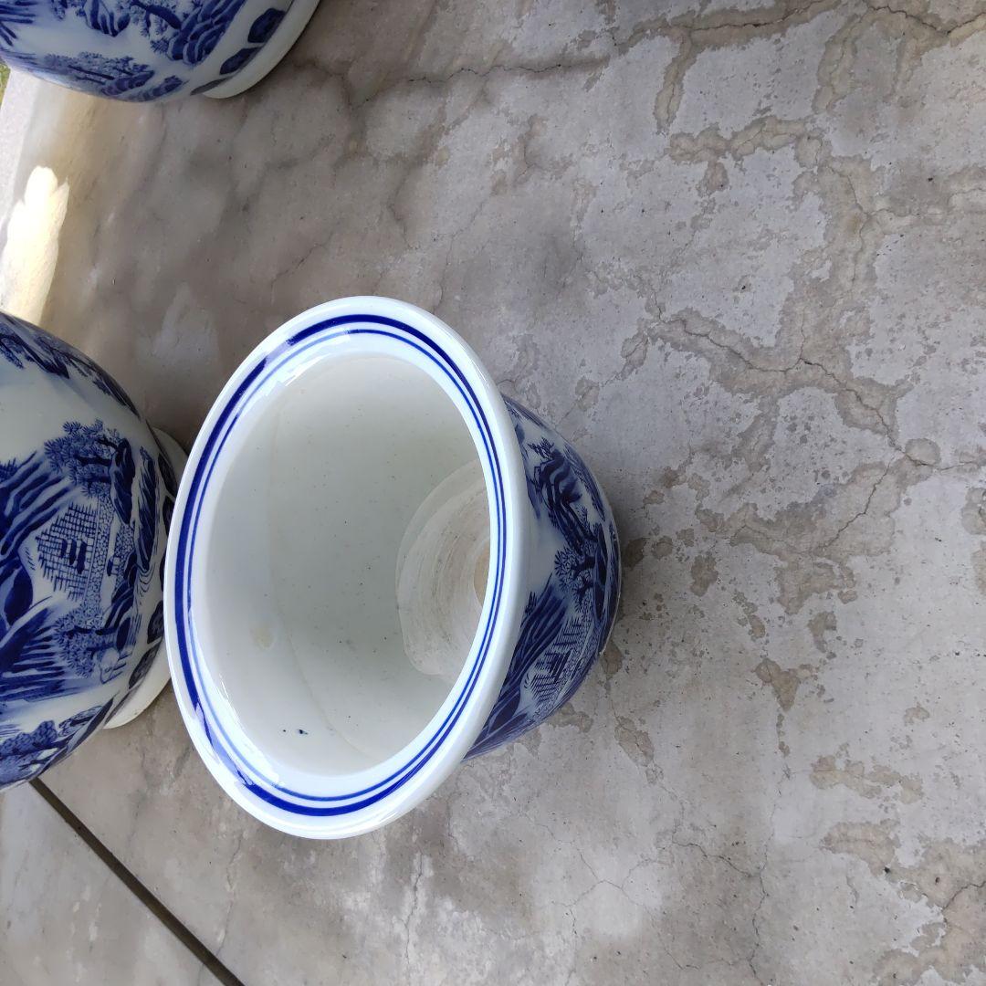 青と白の山水画 陶器植木鉢 6個セット