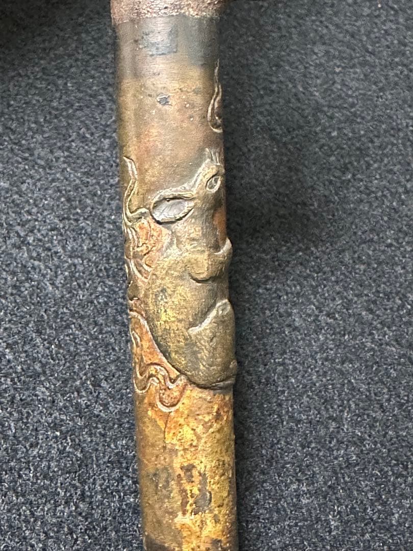 十手　鉄地　銅柄火鼠図彫り　十手　江戸時代　武具　A1