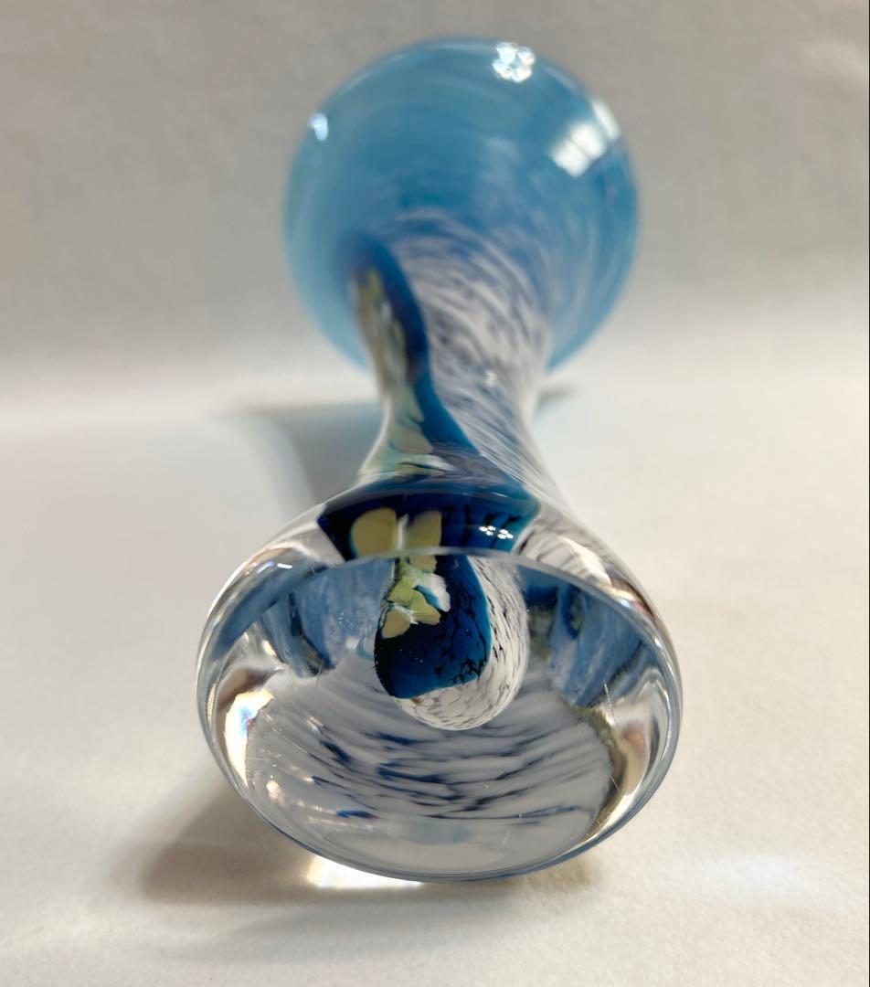 吹きガラス 花瓶 ブルー×ホワイト 約30cm イタリアアート 花器 インテリア