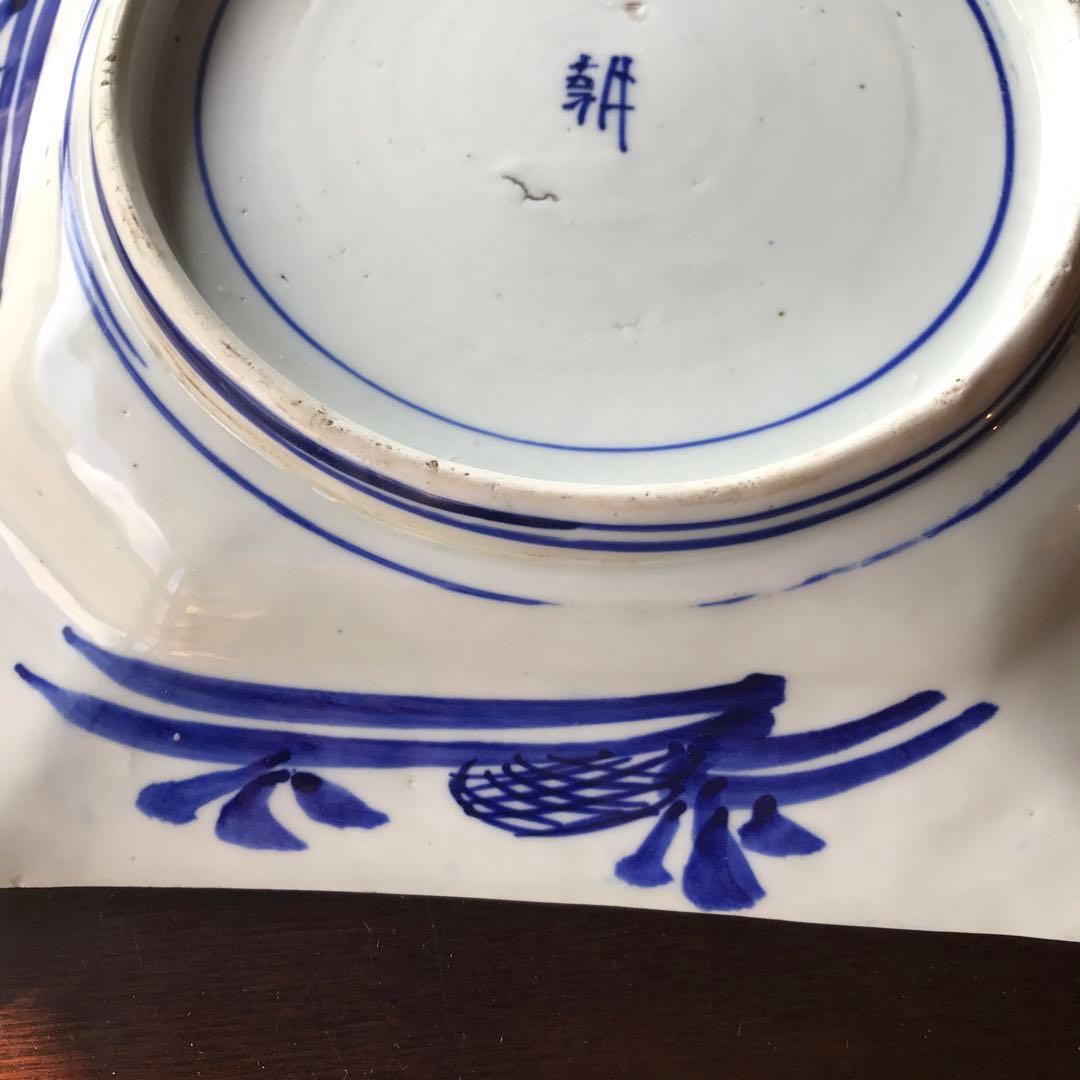 美品　古伊万里　陶器　年代物　盛り皿　角皿　八角絵皿　線画　山水の絵柄が素敵な