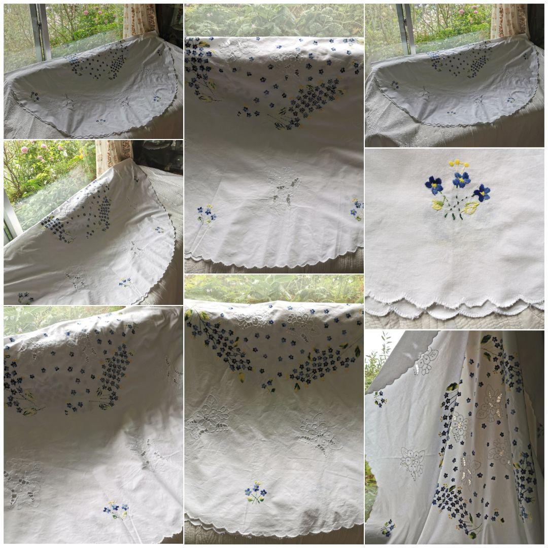 アンティークフランス 青と黄の小花刺繍 忘れな草 オープンカットワーク大判クロス