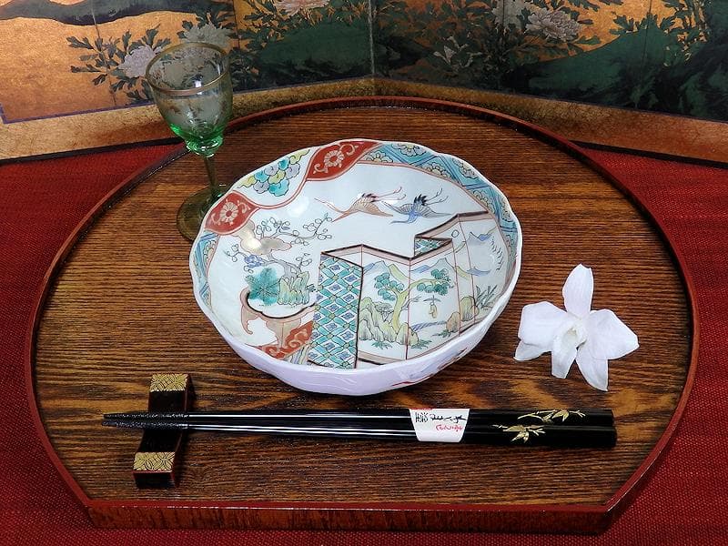 古伊万里　色絵　屏風図に双鶴の図　膾皿　５枚　D299AS-fbty