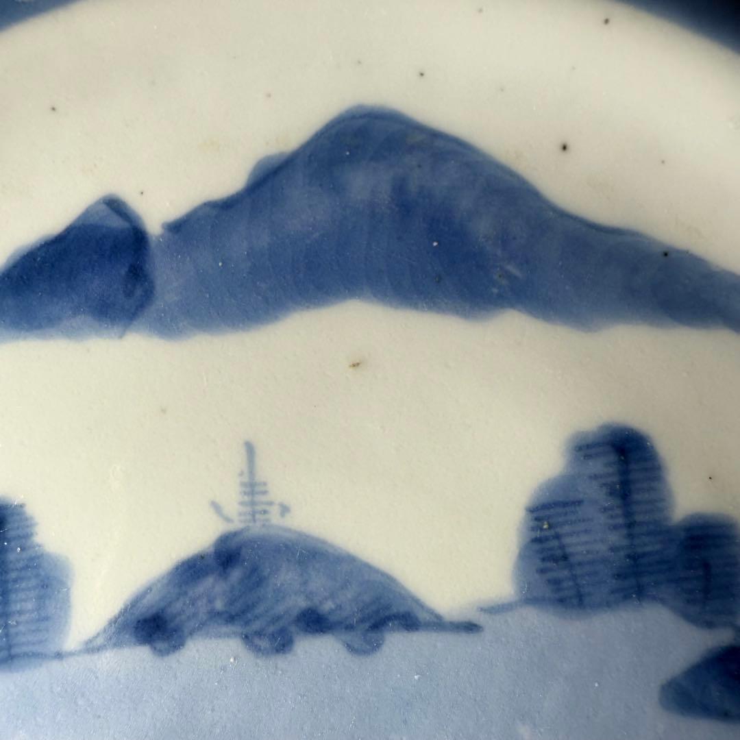 古伊万里　染付風景画輪花皿　十枚　墨弾き　ケーキ皿　デザート皿　古民家カフェ