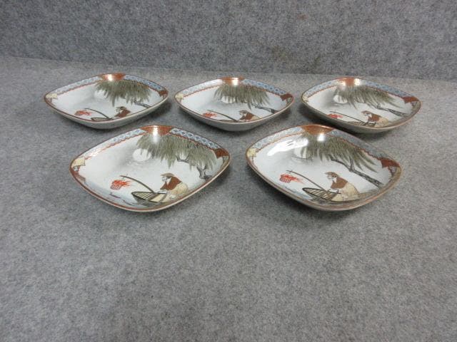 九谷焼 色絵 菱形皿 5枚 [B23055] 月夜鵜飼 小皿 古玩 古美術