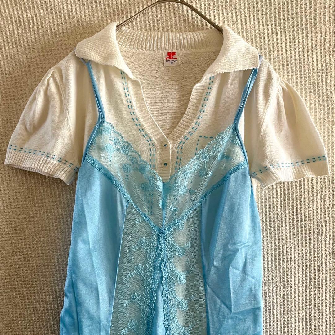 ヴィンテージ Courreges ブルーステッチ コットンポロシャツ