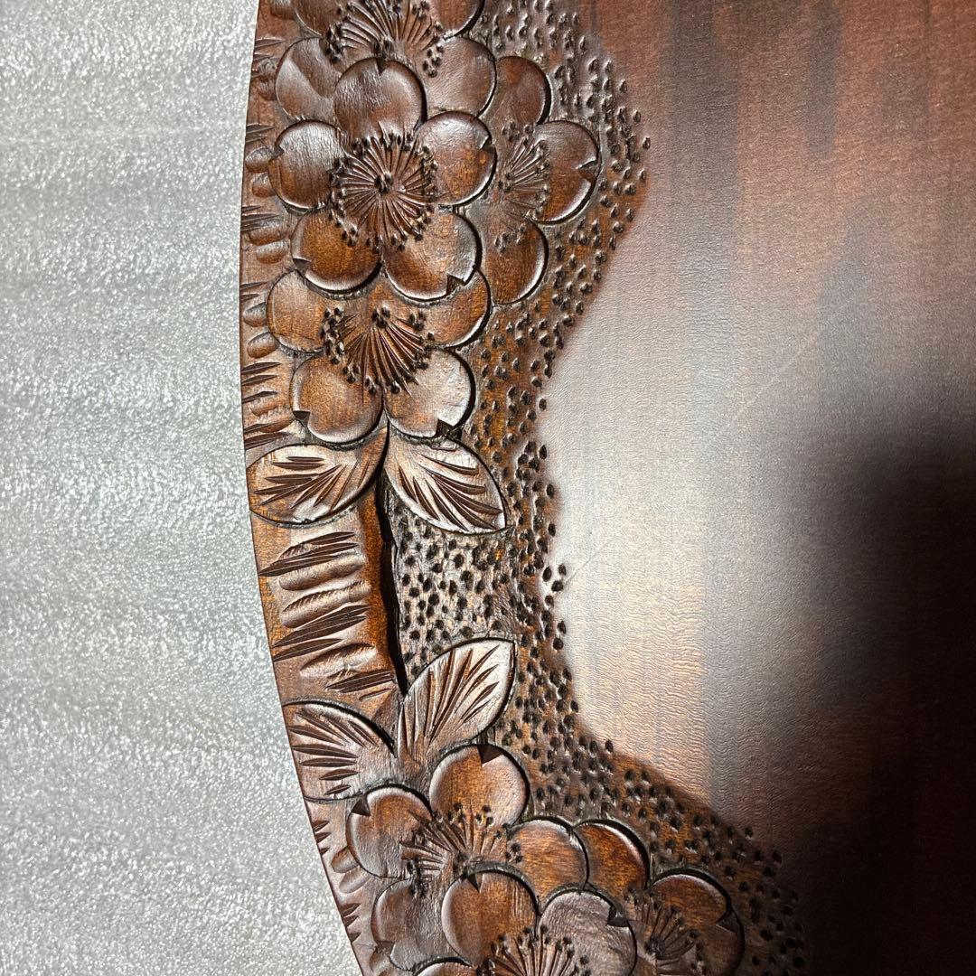 軽井沢彫　手付き盆　桜彫刻