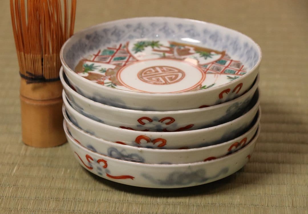 【CM19】古伊万里 竹鳥図 色絵 小皿 五客 11.9cm 小紋 錦手 金彩