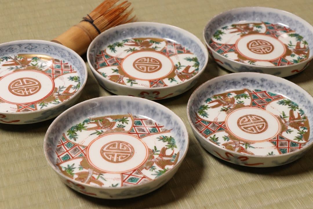 【CM19】古伊万里 竹鳥図 色絵 小皿 五客 11.9cm 小紋 錦手 金彩