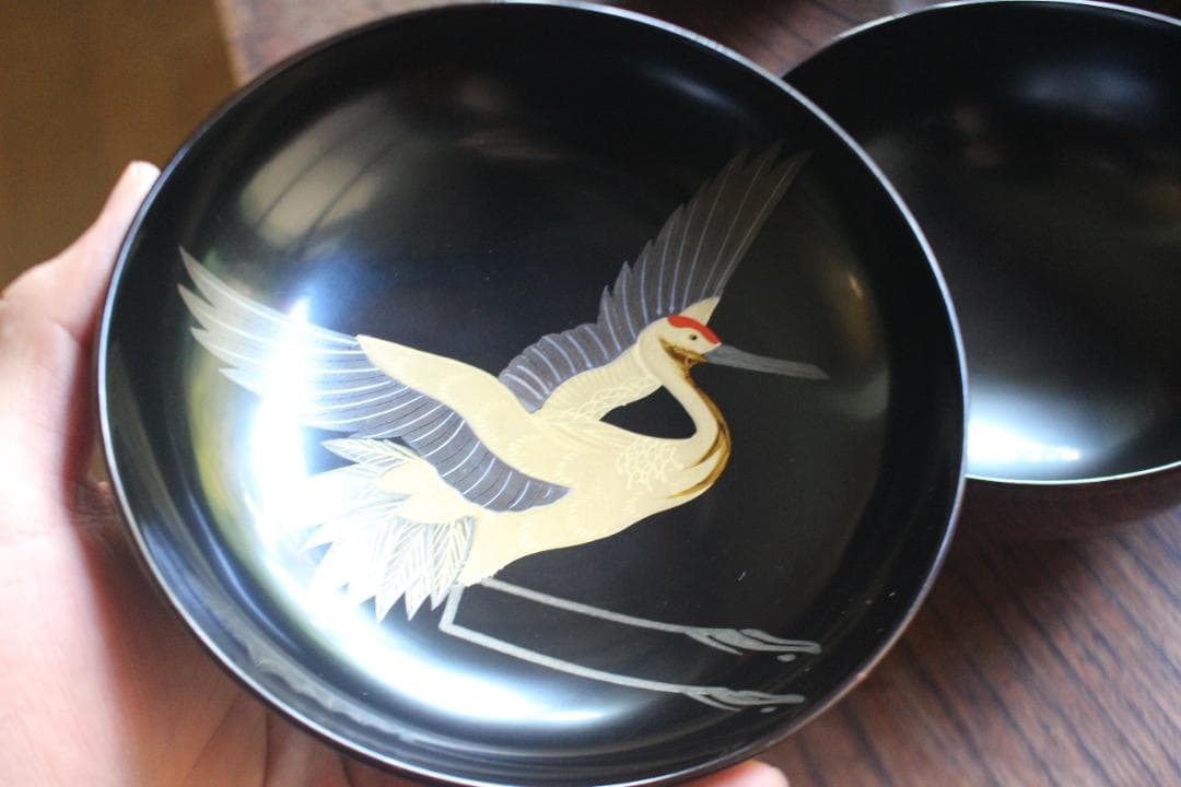 デッドストック！極上千筋糸目に優美な見返鶴蒔絵の煮物椀2点（検輪島塗蒔絵椀雑煮椀