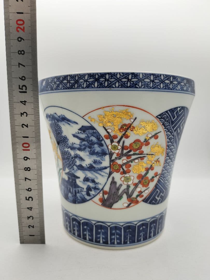 b618 水指 染付 色絵 丸紋ツナギ 四君子紋 西村徳泉 木箱 茶道具 古物