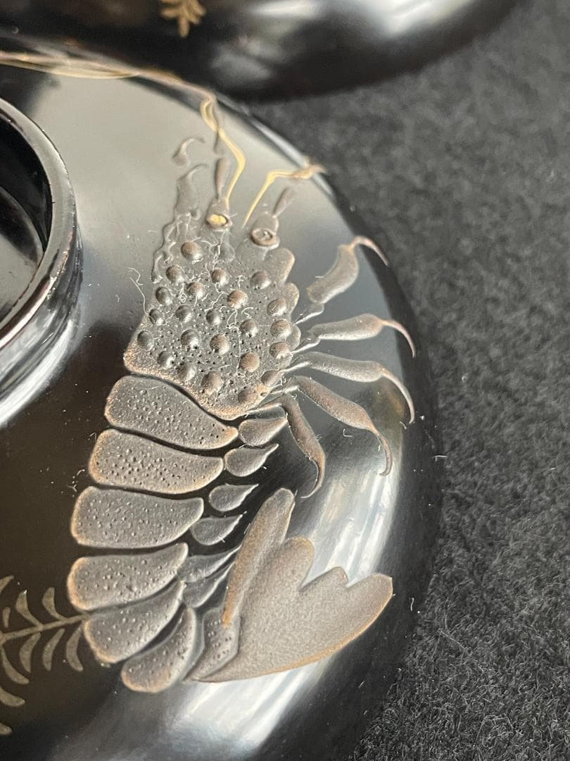 清流椀 吸物 雑煮 5客 黒 漆 海老 金彩 本金 磨き 蒔絵 骨董美品