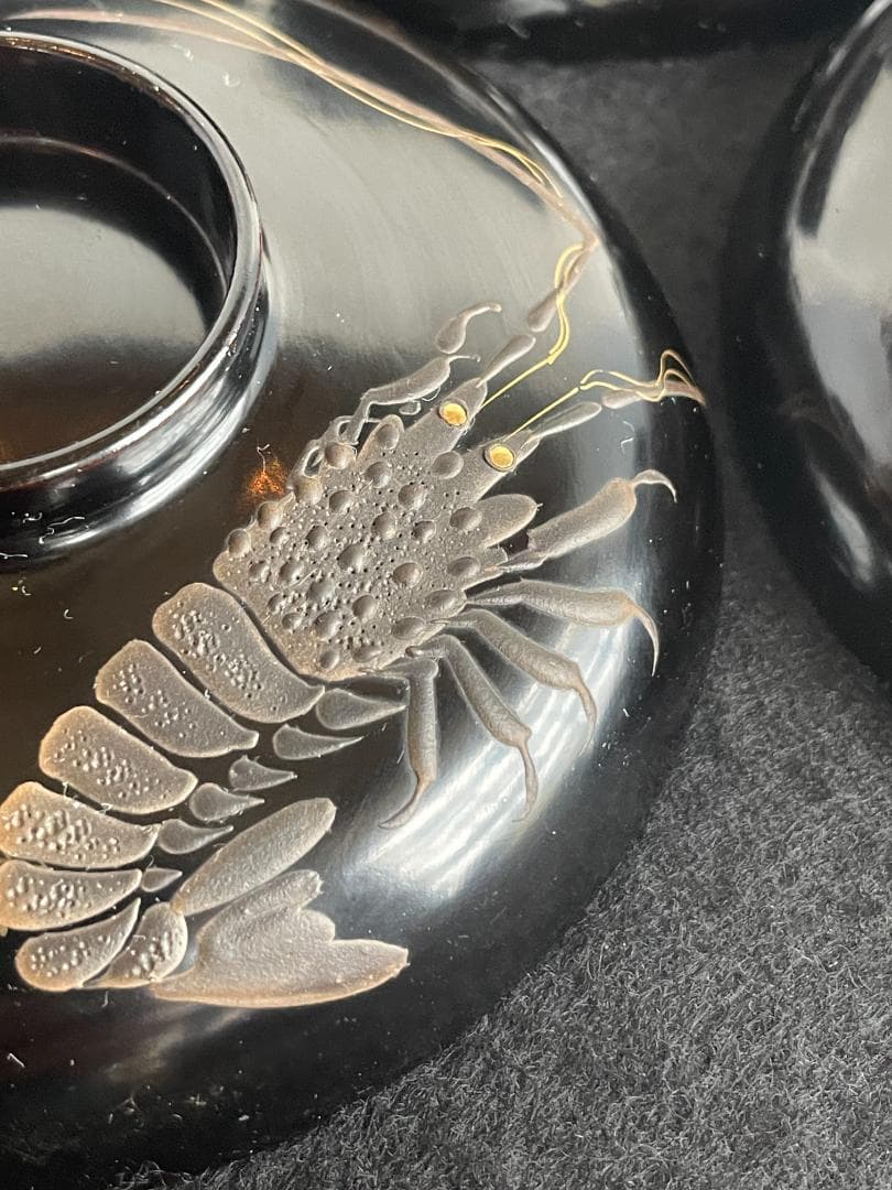 清流椀 吸物 雑煮 5客 黒 漆 海老 金彩 本金 磨き 蒔絵 骨董美品