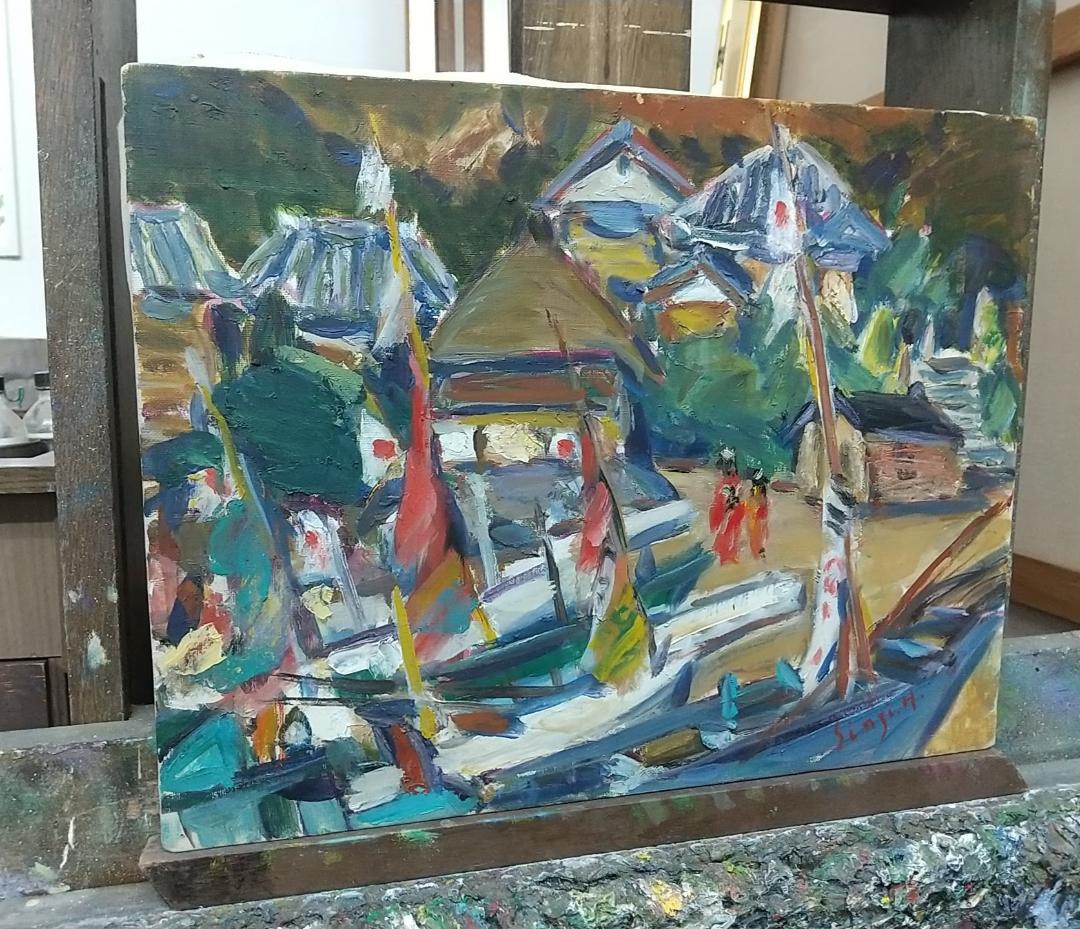 「正月の漁村」A 房州川津浜 F6 '68 油絵 絵画 油彩画 日の丸 国旗