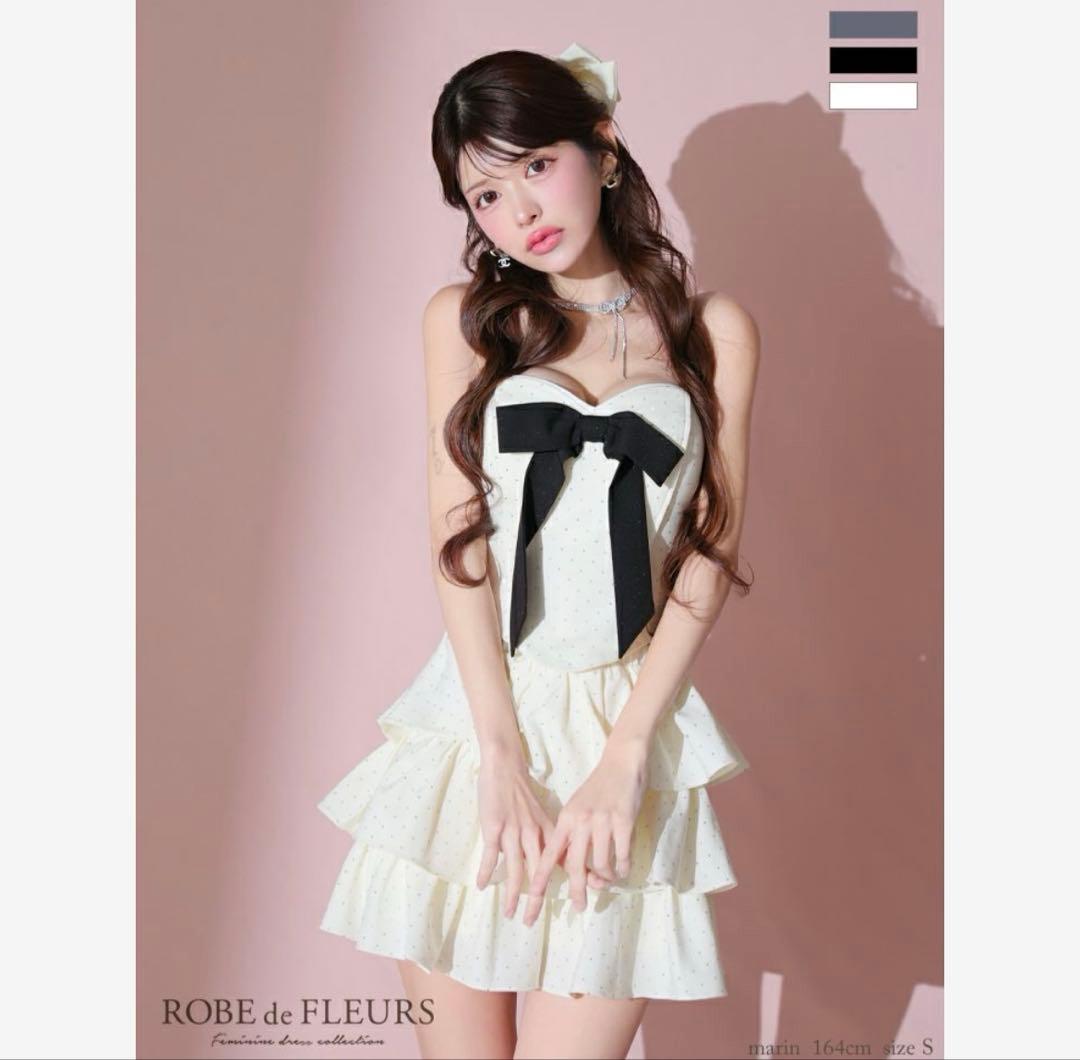 極美品 ローブドフルール キャバ ミニ ドレス ビッグリボン ドット柄 スタッズ