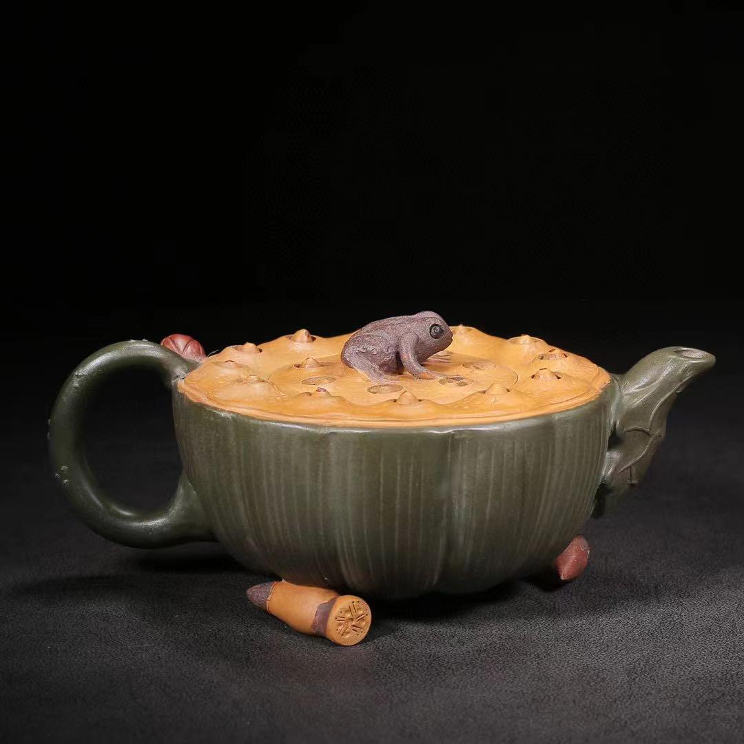 中国古美術・原鉱段泥 カエル蓮子壺 、底槽款:蒋蓉紋、紫砂壺・急須・茶道具