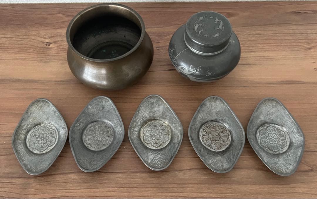 銅製 建水 茶こぼし・錫製茶入 美奈登製/錫茶托 5客セット 煎茶 茶道具