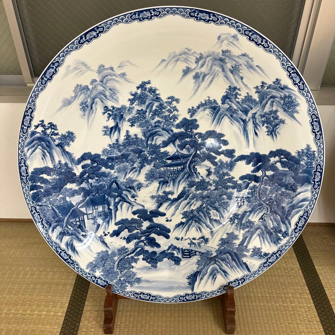 引き取り限定　神右衛門　染付山水絵　大皿　直径約93.5㎝東な7-1220☆2F