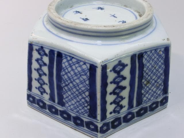 鉢■菊形六角染付丼鉢 太明成化年製 江戸期 天保 六角鉢 菓子器 時代物 骨董■