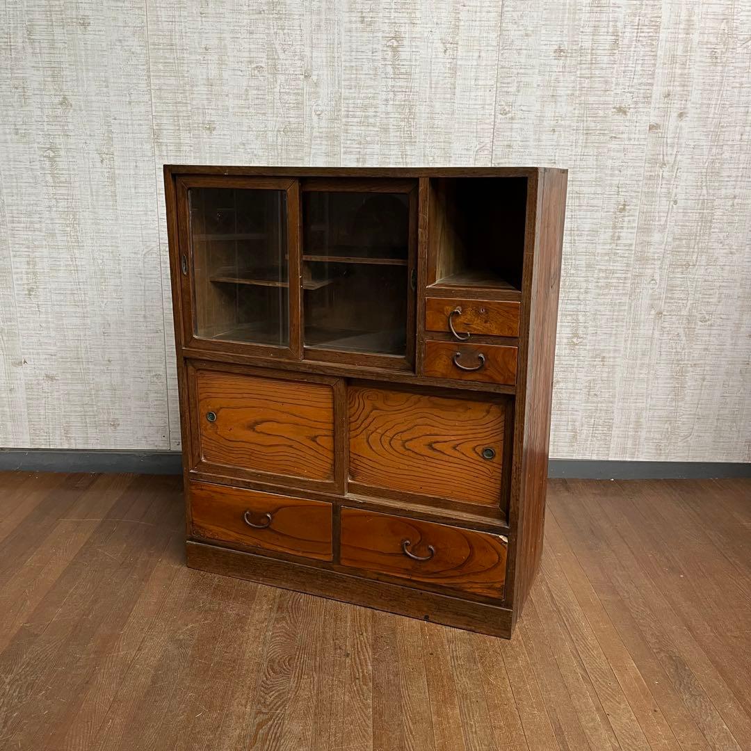 【アンティーク】昭和レトロ 木製 水屋箪笥 小箪笥 引き戸 古民家 古家具