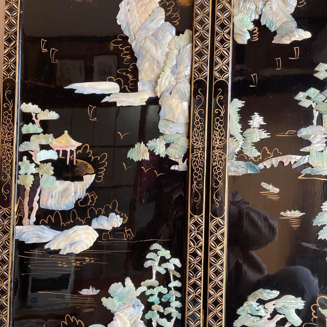 貝殻細工の風景画屏風 4つ折り