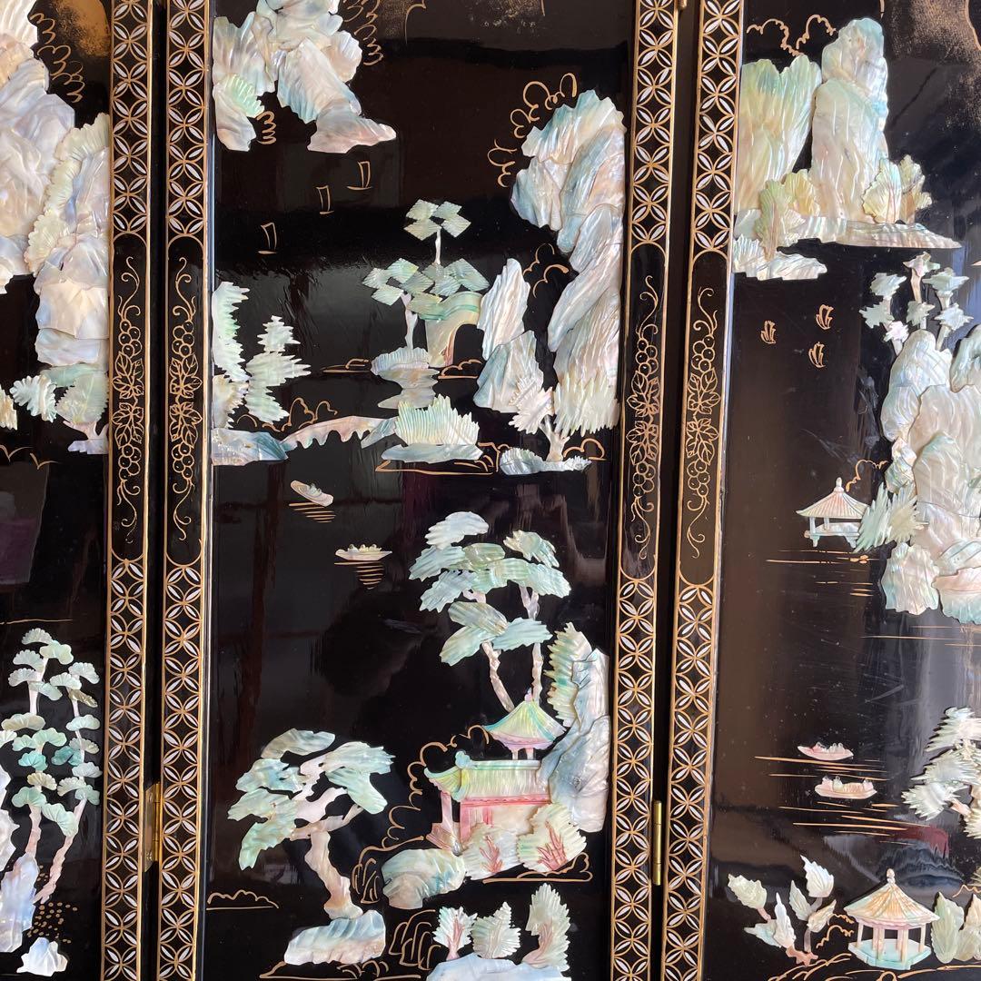 貝殻細工の風景画屏風 4つ折り