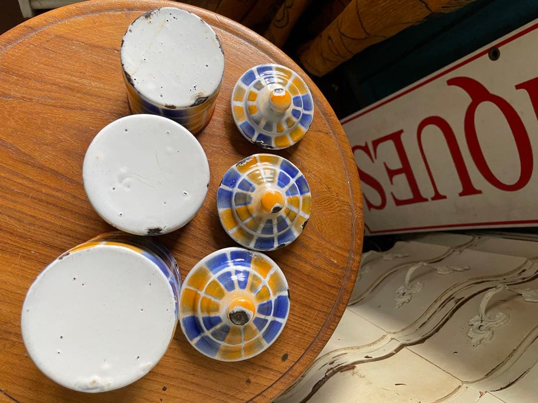 フランス　アンティーク　ホーロー　キャニスター　3個　ブルー　オレンジ　チェック