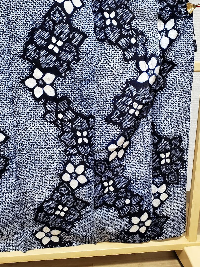 A9 有松鳴海絞り 流れに花模様 藍染 白色 綿 浴衣 着物 06