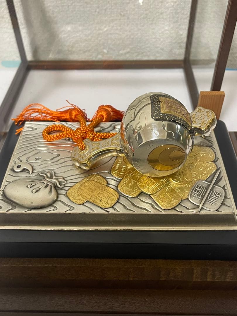 銀製 　置物　長幸斎作　小判古槌　縁起物　商売繁盛　ガラスケース入り