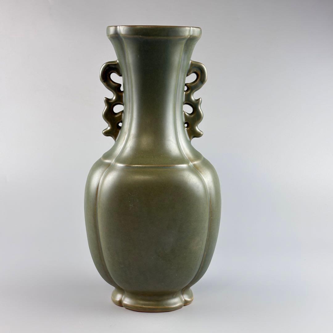 小原六合軒 家元秘蔵花器写し蕎麦釉龍耳花瓶 共箱 飾壺 陶瓷器 美術品