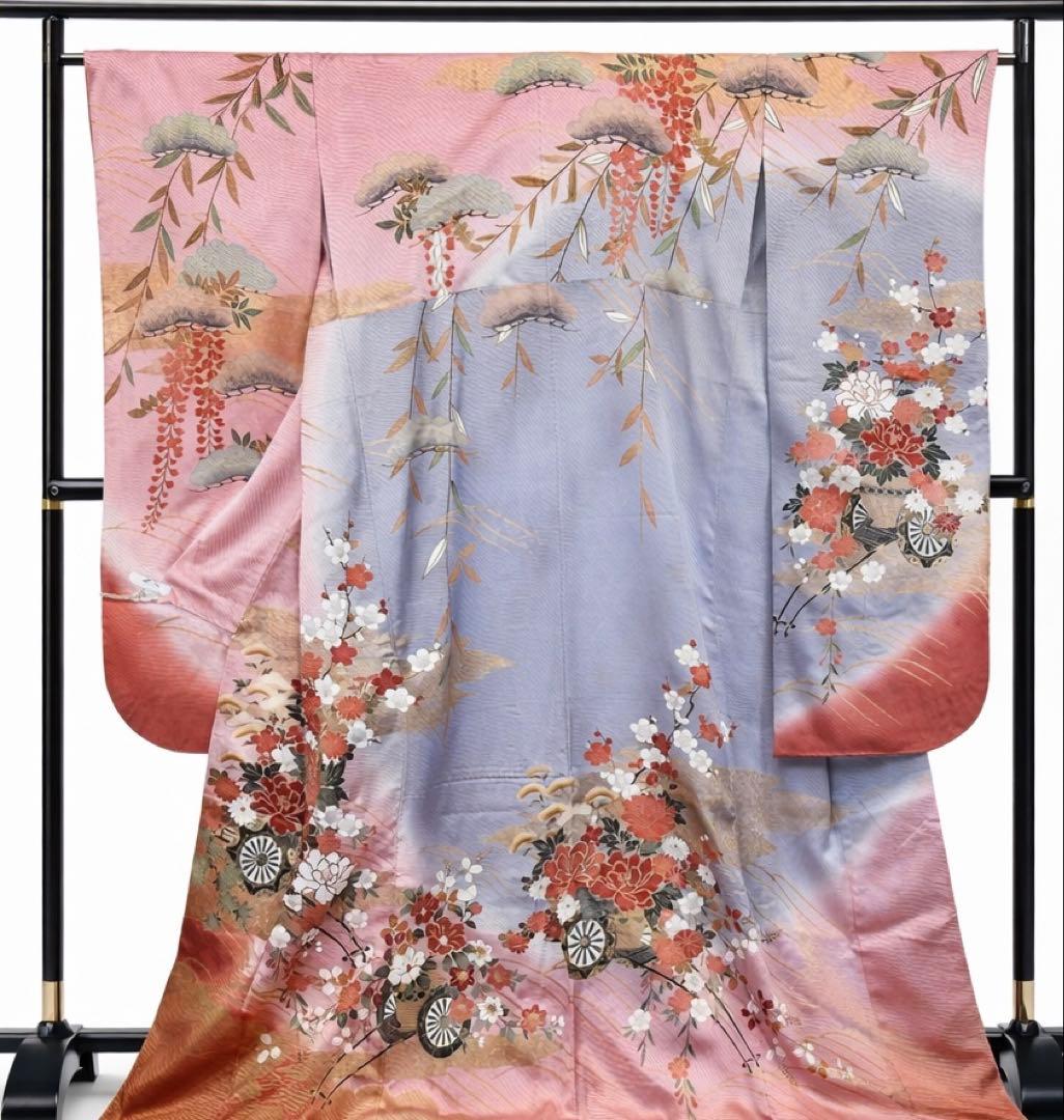 比翼付き 振袖 藤×雲取り 花車 金彩 ピンク×藤色 身丈155 裄64