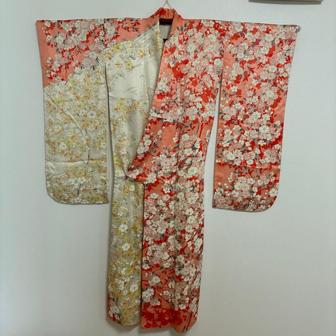 【美品】【振袖】総柄 桜 紗綾形地紋 朱色×アイボリー 卒業式 袴用にも