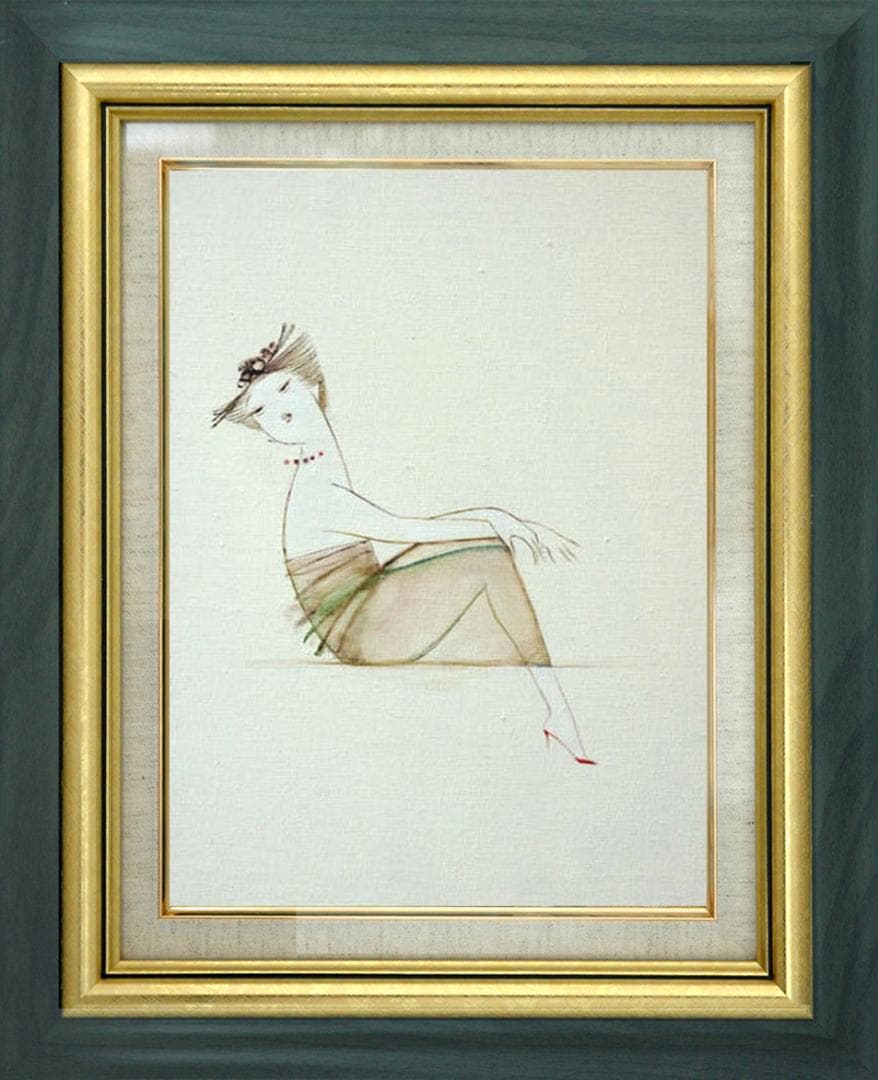 油絵 菅家令子 絵 絵画インテリア額付(青緑＋金色の枠) F4-080315女性