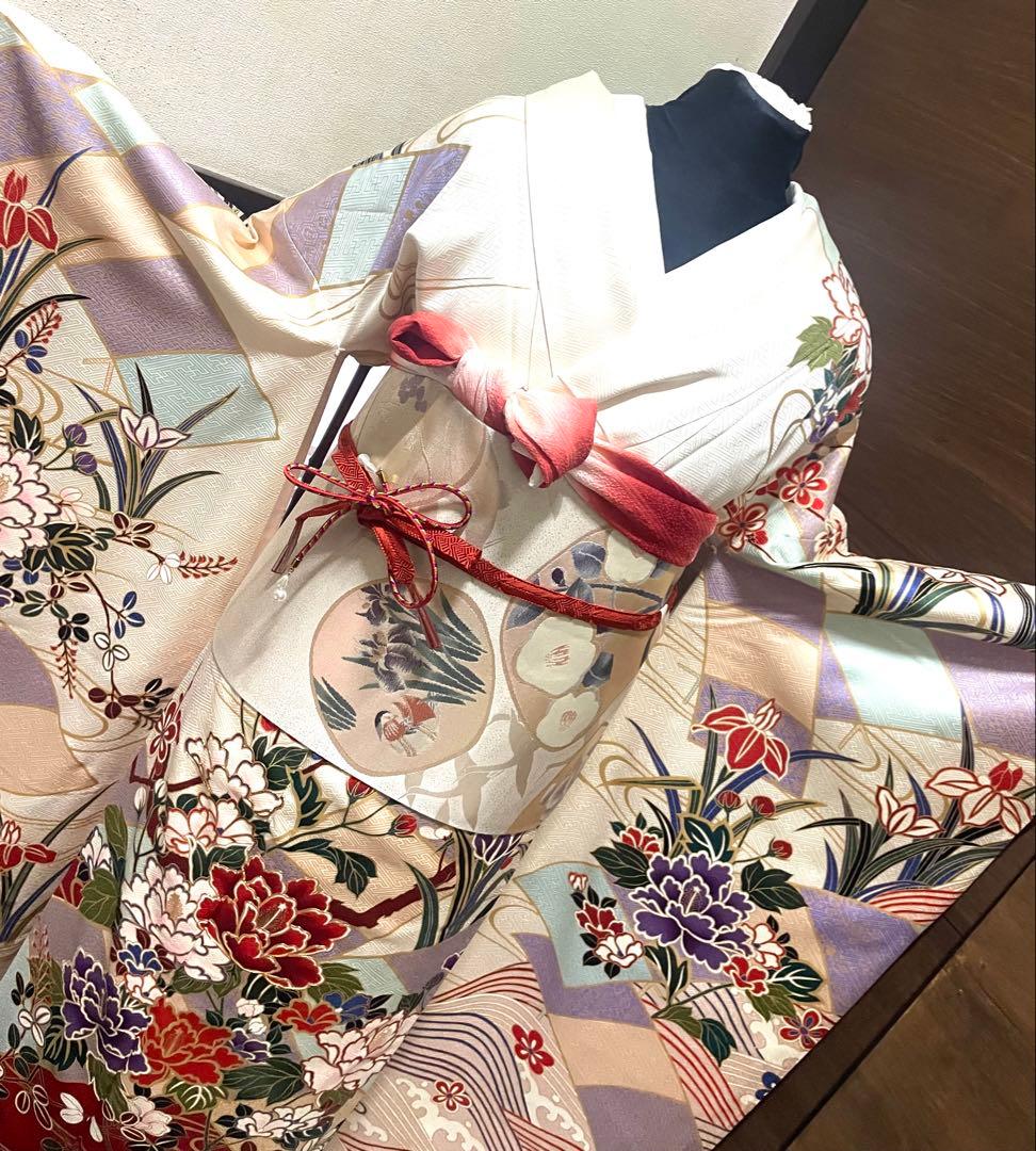 振袖フルセット6点サイズM〜Ｌ駒刺繍　流水鴛鴦花文　金彩　正絹