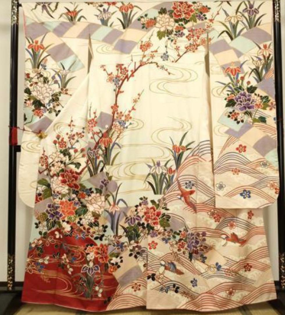 振袖フルセット6点サイズM〜Ｌ駒刺繍　流水鴛鴦花文　金彩　正絹