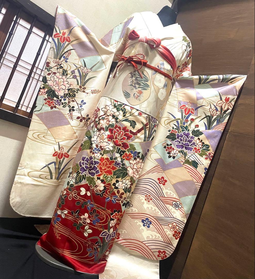 振袖フルセット6点サイズM〜Ｌ駒刺繍　流水鴛鴦花文　金彩　正絹