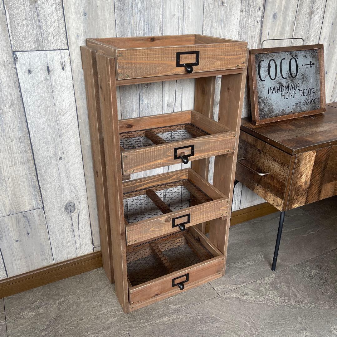 ブラウン　4段　引き出し　ウッドシェルフ　ハンドメイド　家具