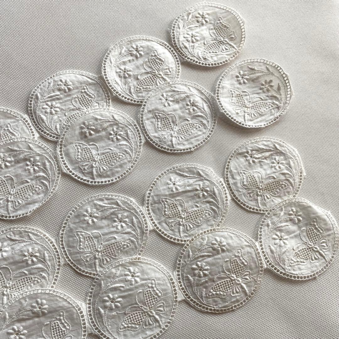 アンティーク ロマンティックコットン刺繍 リボンレース 蝶柄 丸型ワッペン24枚