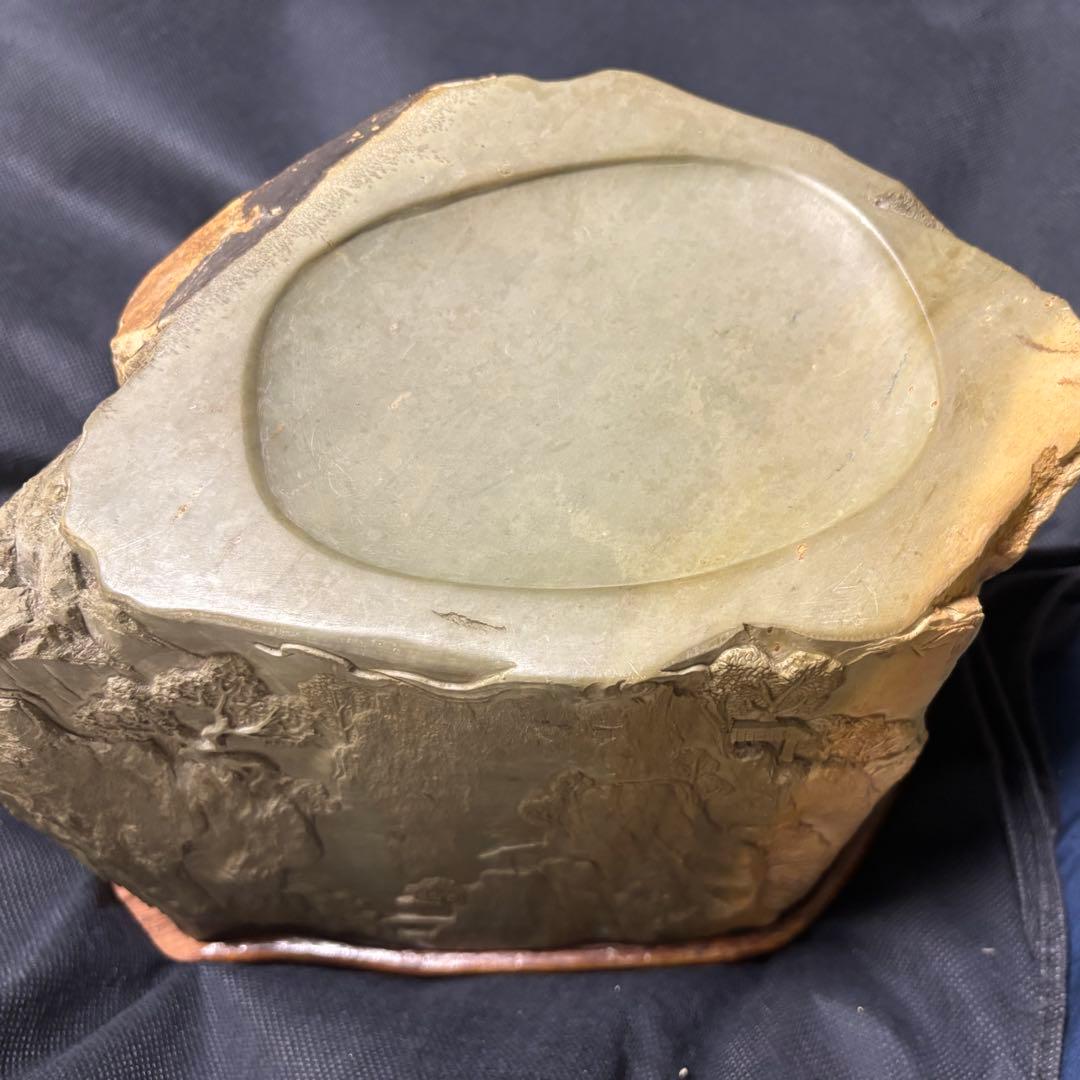 中国古美術品　山水風景彫硯　特大　緑端溪硯　15.6kg