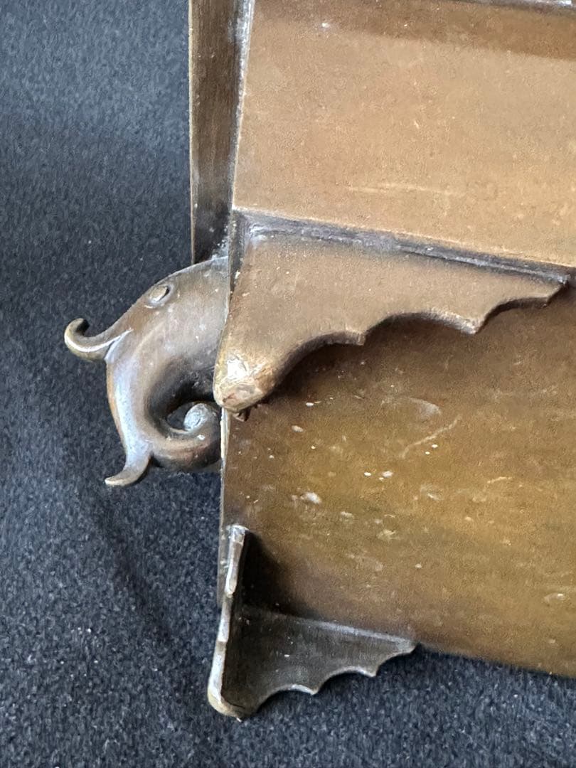 唐銅　広口　長方砂鉢　水盤　高10cm 重さ約4kg　古銅 双耳 華道具 共箱