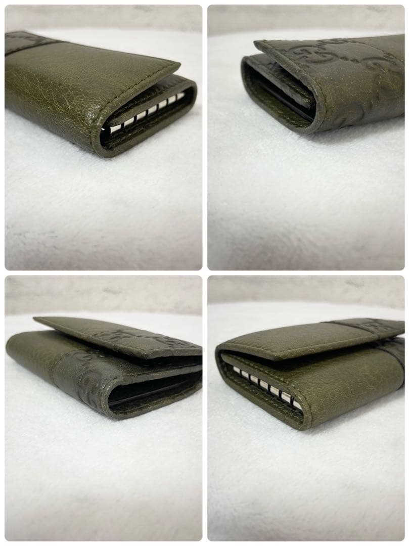 GUCCI グッチ　キーケース　シマ　レザー　GG 　本革　カーキ