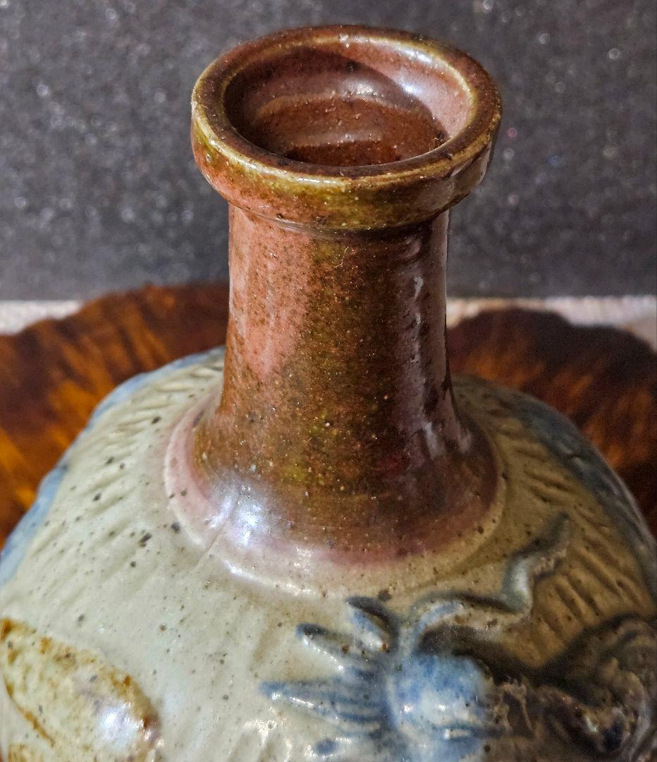 時代古作品❗沖縄の焼物　古琉球　壺屋焼　やちむん　陽刻浮彫色絵　雲龍巻き壺　徳利