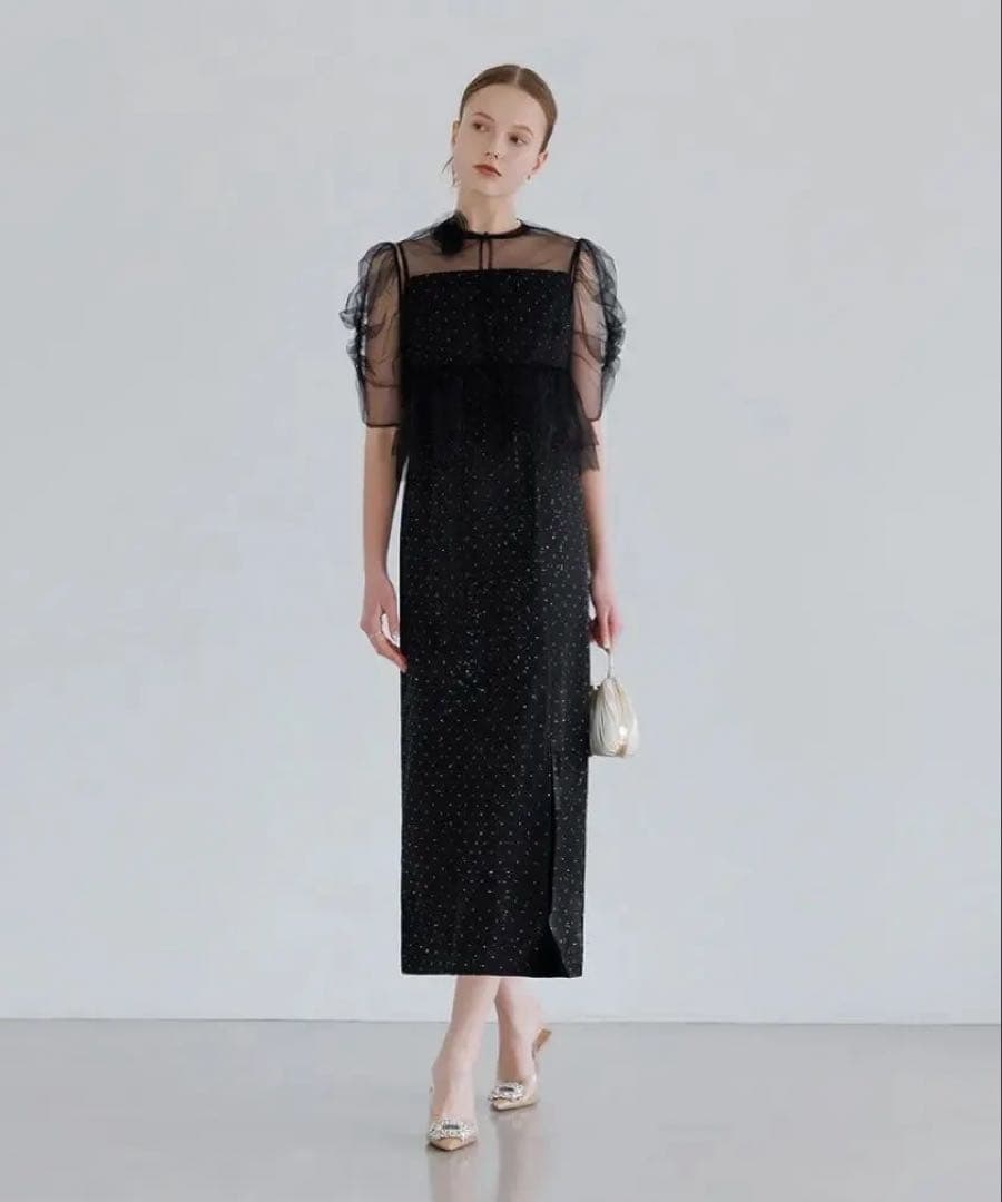 LEJA チュールフラワーモチーフドットストーンIラインワンピースドレス