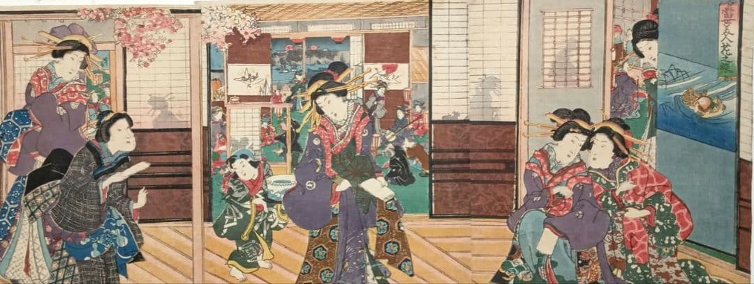 浮世絵版画、當世美人花之賑三枚綴り国輝舎国彦画（歌川国彦)安政2年出版