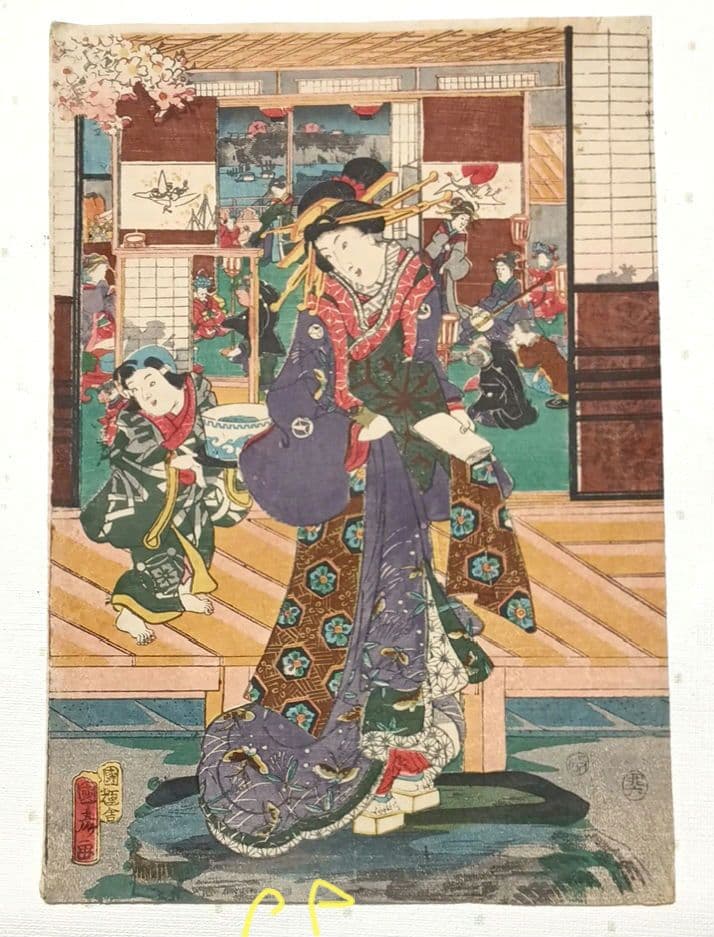 浮世絵版画、當世美人花之賑三枚綴り国輝舎国彦画（歌川国彦)安政2年出版
