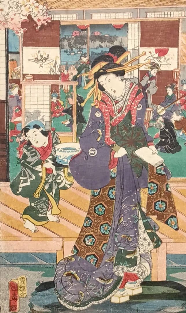 浮世絵版画、當世美人花之賑三枚綴り国輝舎国彦画（歌川国彦)安政2年出版