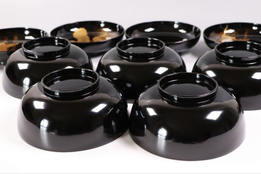 【CM412】天然木漆塗 加賀蒔絵 蓮と野菜金蒔絵 黒煮物椀 五客 漆器 昭和期