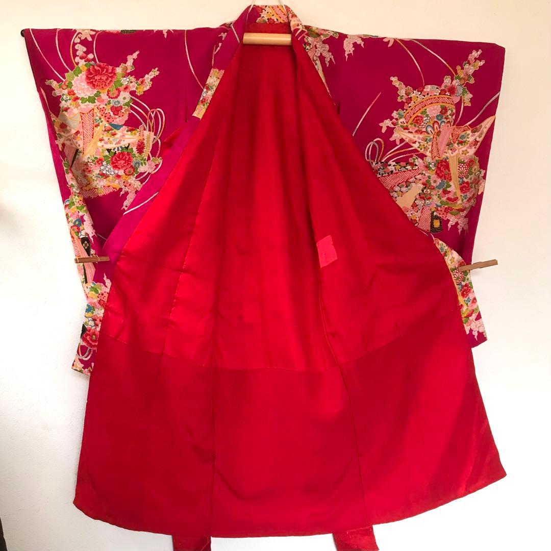 正絹 アンティーク着物 女の子 七五三 ◇檜扇 折鶴 まり 古典柄