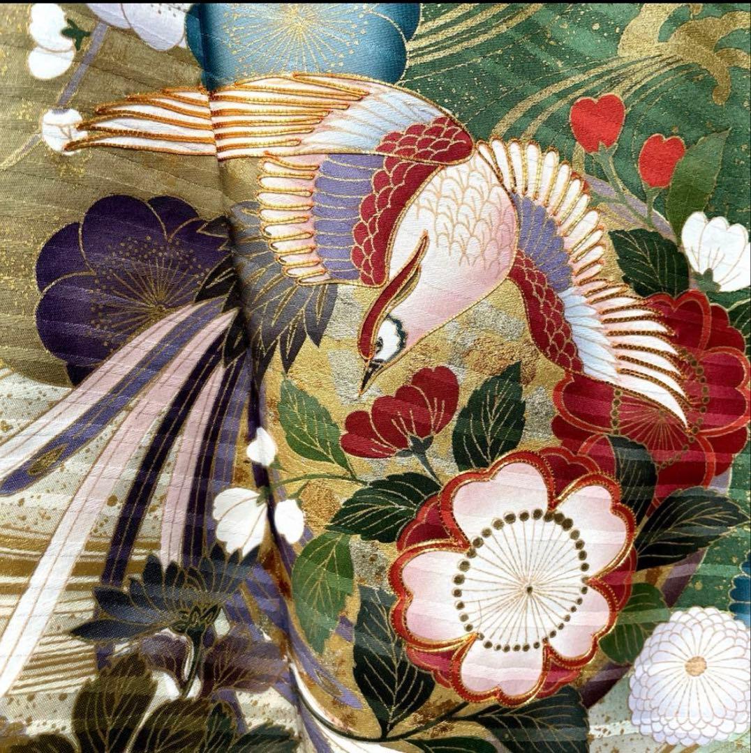 振袖　鳳凰梅　金駒刺繍　枝垂れ桜菊金彩　グリーン　正絹着物