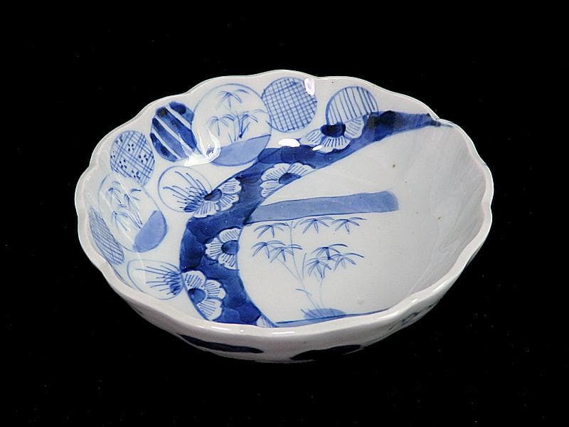 古伊万里　染付　丸紋　月に笹の図　膾皿　2客　江戸期　D810AS-BLb